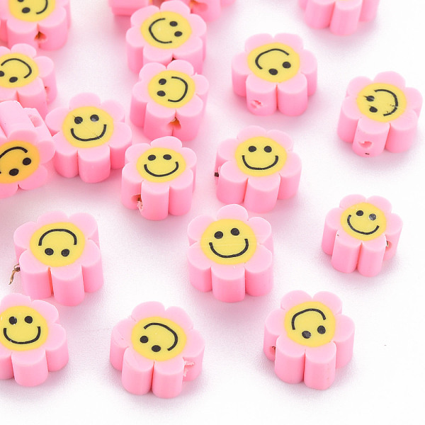 

PandaHall Handmade Polymer Clay Beads, Flower with Smiling Face, Pearl Pink, 9~10x8~9x4~5mm, Hole: 1.4~1.6mm Polymer Clay Flower