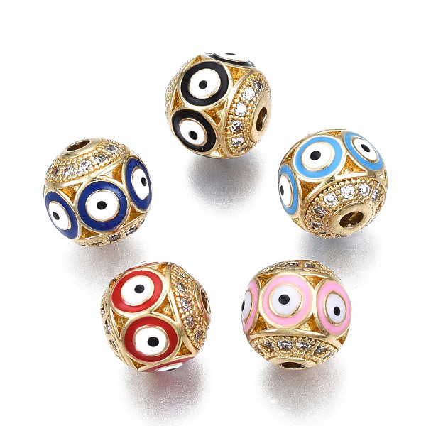 

PandaHall Brass Micro Pave Cubic Zirconia Beads, with Enamel, Real 18K Gold Plated, Round with Evil Eye, Nickel Free, Mixed Color..., Multicolor