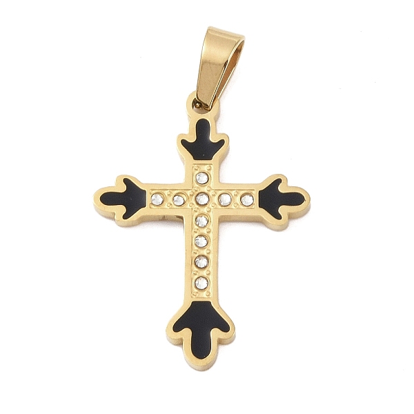 

PandaHall Ion Plating(IP) 304 Stainless Steel Enamel Rhinestone Pendants, Cross Charms, Real 18K Gold Plated, 30x22.5x2.5mm, Hole: 6x4mm..., Clear