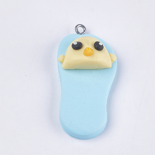 

PandaHall Handmade Polymer Clay Pendants, with Iron Findings, Slipper with Chick, Platinum, Sky Blue, 42~43x19~20x11~14mm, Hole: 1.5mm...