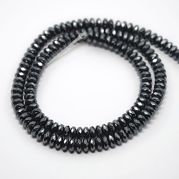

PandaHall Non-magnetic Synthetic Hematite Beads Strands, Faceted Rondelle, Black, 6x3mm, Hole: 1mm, about 126pcs/strand, 15.5 inch...