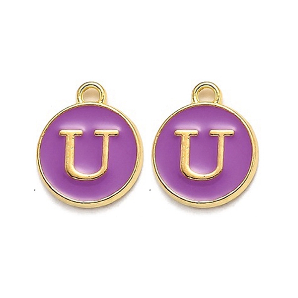 

PandaHall Golden Plated Alloy Enamel Charms, Enamelled Sequins, Flat Round with Alphabet, Letter.U, Purple, 14x12x2mm, Hole: 1.5mm...
