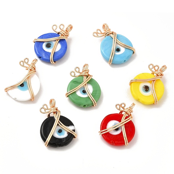 

PandaHall Wire Wrapped Handmade Lampwork Pendants, with Copper Findings, Real 18K Gold Plated, Long-Lasting Plated, Flat Round with Evil Eye..., Multicolor