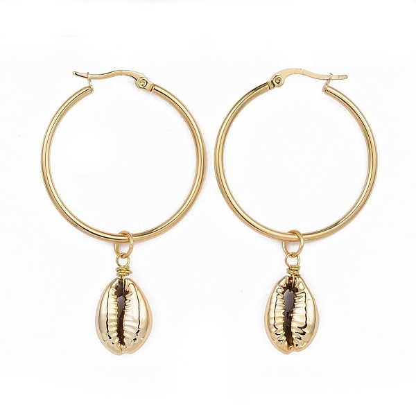 

PandaHall 304 Stainless Steel Hoop Earrings, with Cowrie Shell Beads, Golden, 58~60mm, Pin: 1mm Shell Shell Shape