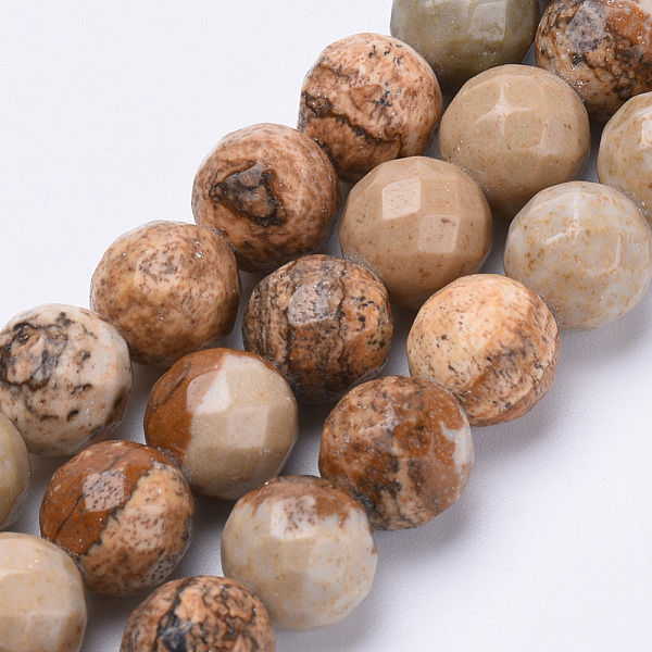 PandaHall Natural Picture Jasper Beads Strands, Faceted, Round, 10mm, Hole: 1.2mm, about 37pcs/strand, 15.3 inch Picture Jasper Round
