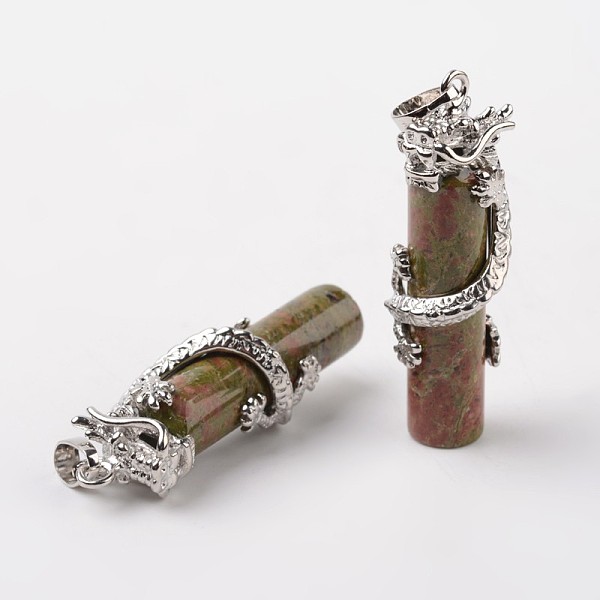 

PandaHall Tube Natural Unakite Pendants, with Dragon Brass Findings, Platinum, 48x15x10mm, Hole: 7x5mm Unakite Tube