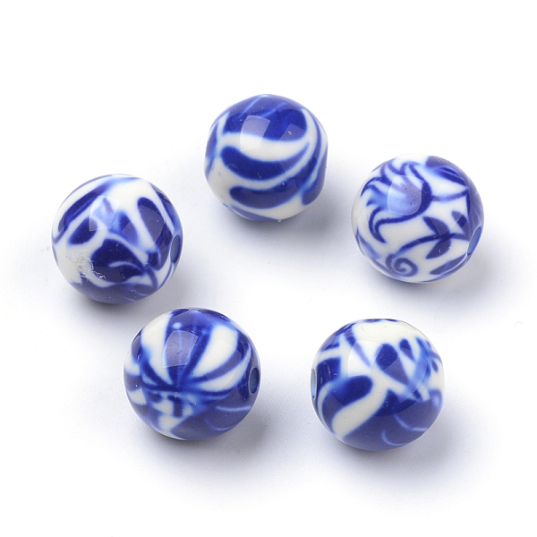 

PandaHall Opaque Flower Printed Acrylic Beads, Round, Blue, 11.5~12x11mm, Hole: 2.5mm Acrylic Round Blue
