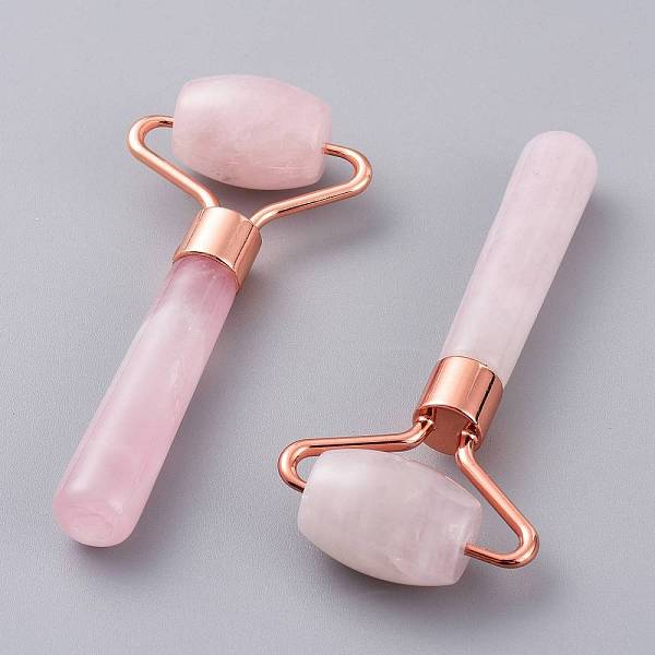 PandaHall Natural Rose Quartz Massage Tools, Facial Rollers, with Rose Gold Brass Findings, 91~92x39~41x18mm Rose Quartz Others