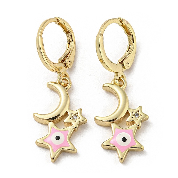 

PandaHall Real 18K Gold Plated Brass Dangle Leverback Earrings, with Enamel and Cubic Zirconia, Moon & Star with Evil Eye, Pearl Pink...