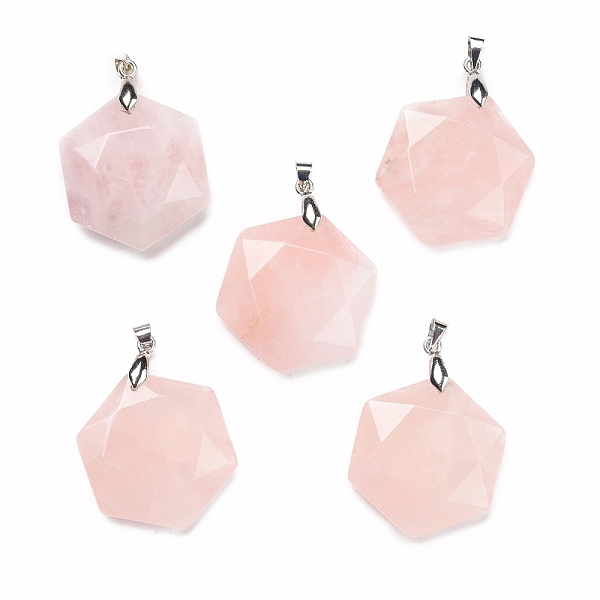 

PandaHall Natural Rose Quartz Pendants, with Platinum Tone Brass Findings, Faceted, Hexagon, 37x24x10mm, Hole: 4x4mm Rose Quartz Hexagon