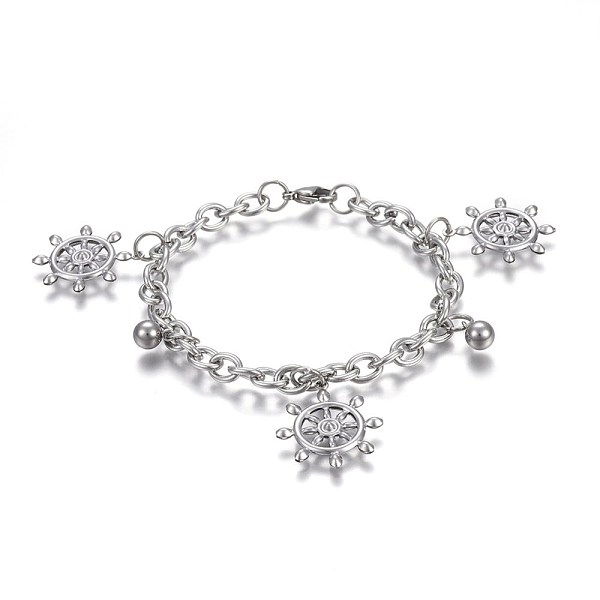 

PandaHall 304 Stainless Steel Charm Bracelets, with 201 Stainless Steel Ring, with Lobster Claw Clasps, Round and Helm, Stainless Steel...