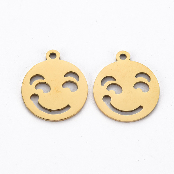 

PandaHall Ion Plating(IP) 201 Stainless Steel Pendants, Cut, Flat Round with Expression, Golden, 17.5x15x1mm, Hole: 1.5mm 201 Stainless...