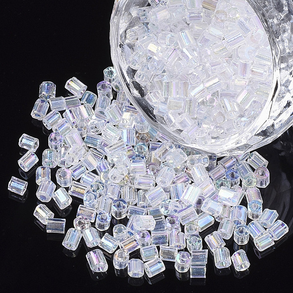 

PandaHall 6/0 Two Cut Glass Seed Beads, Hexagon, Transparent Colours Rainbow, Clear AB, 3.5~5x3.5~4mm, Hole: 1mm, about 4500pcs/bag Glass..., White