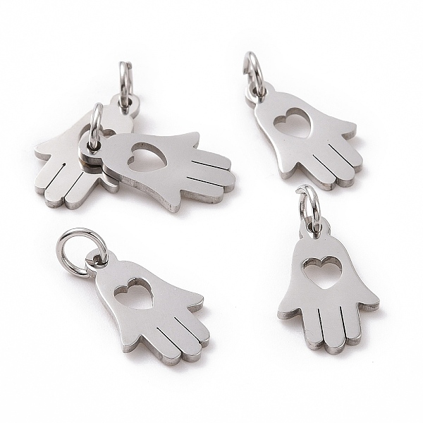 

PandaHall 304 Stainless Steel Pendants, Hamsa Hand/Hand of Fatima/Hand of Miriam with Heart, Stainless Steel Color, 15x9.5x1mm, Hole: 4mm...