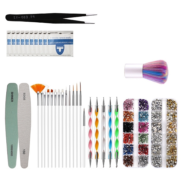 PandaHall Manicure Tools Kits, with Nail Polishing Strip, Nail File, Brush Pens, Dotting Tool, Nail Art Decoration, Tweezers, Nail Cotton...