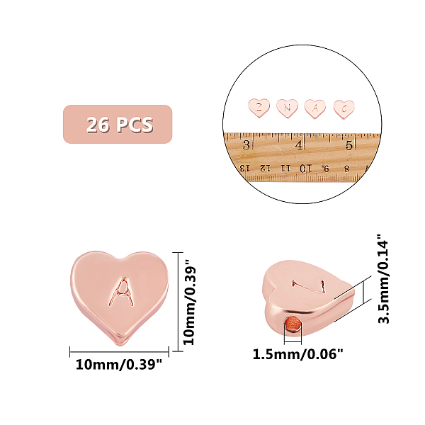 

PandaHall Alloy Beads, Heart with Mixed Letters, Rose Gold, 10x10.5x3.5mm, Hole: 1.5mm, 26pcs/set, 1set/box Alloy Heart
