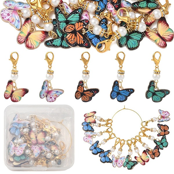 20 pendentif papillon bicolore en alliage émaillé et perle de verre