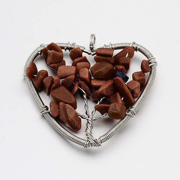 

PandaHall Brass Gemstone Pendants, Heart with Tree of Life, Platinum, 46~50x48~53x10mm, Hole: 5mm Goldstone Heart