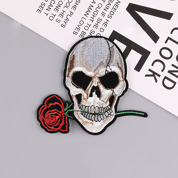 PandaHall Skull with Rose Computerized Embroidery Style Cloth Iron on/Sew on Patches, Appliques, Badges, for Clothes, Dress, Hat, Jeans, DIY...