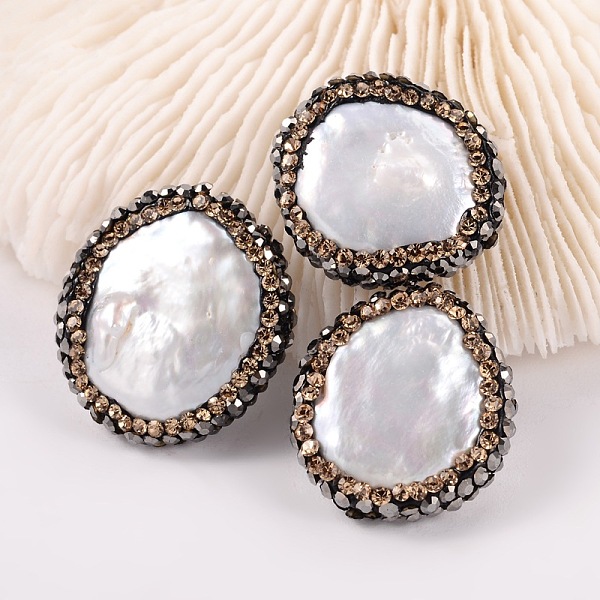 

PandaHall Flat Round Natural Cultured Freshwater Pearl Beads, with Polymer Clay Rhinestone, Seashell Color, 17~21x5~6mm, Hole: 0.5mm Pearl..., Multicolor