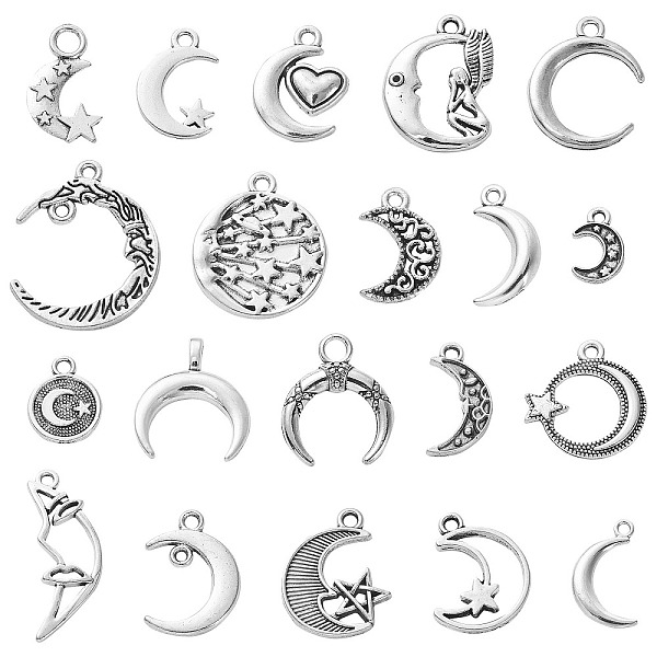 PandaHall 100Pcs 20 Styles Tibetan Style Alloy Pendants, Cadmium Free & Lead Free, Moon with Star, Antique Silver, 12~26x7.5~21x1~4mm, Hole...
