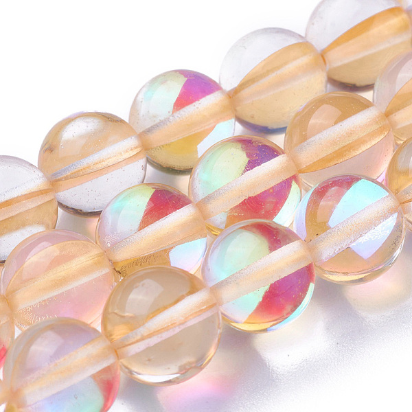 

PandaHall Synthetic Moonstone Beads Strands, Dyed, Holographic Beads, Half AB Color Plated, Round, Navajo White, 10mm, Hole: 1mm, about..., Orange