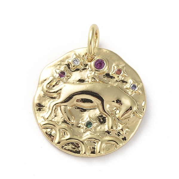 

PandaHall Brass Micro Pave Cubic Zirconia Pendants, with Jump Rings, Flat Round, Constellation, Colorful, Golden, Taurus, 14~15x2mm, Hole...