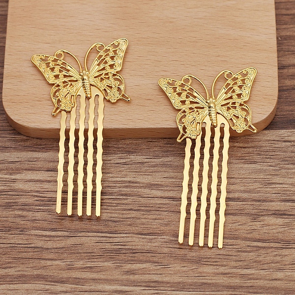 

PandaHall Brass Hair Comb Findings, Filigree Butterfly, Golden, 35x25mm Brass