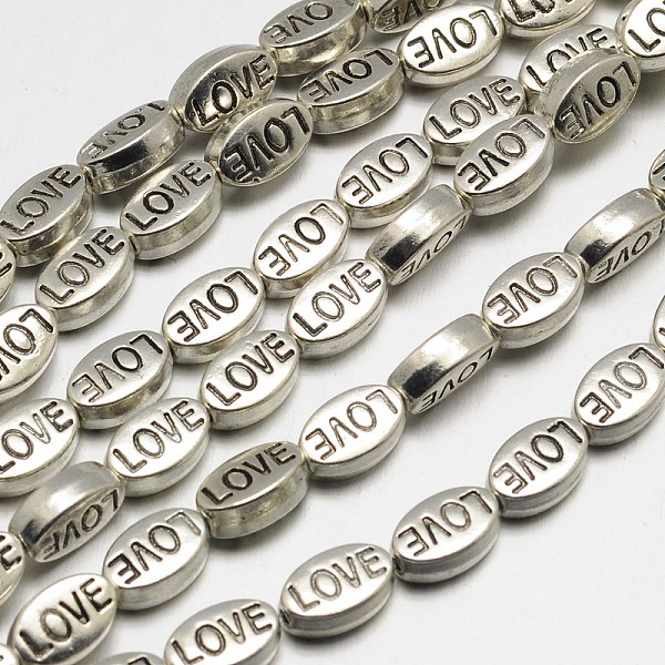 

PandaHall Oval with Word Love Tibetan Style Alloy Bead Strands, Lead Free, Antique Silver, 10x6x4mm, Hole: 1mm, about 22pcs/strand, 8 inch...