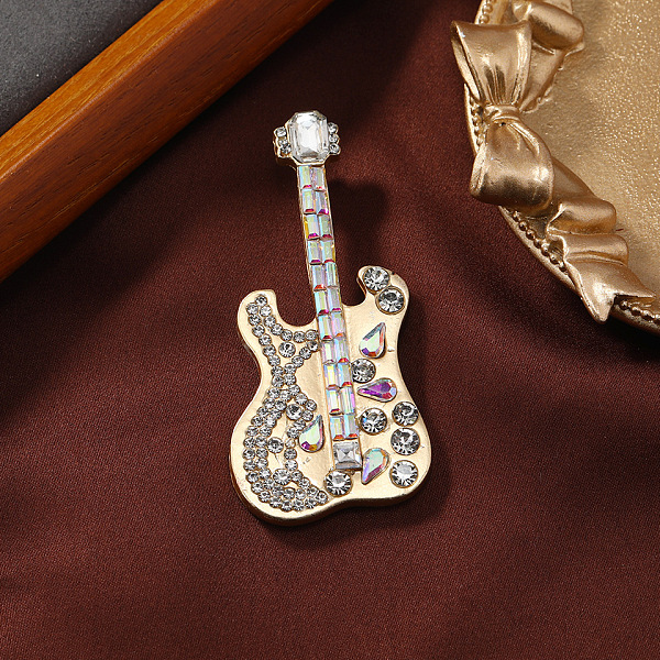 PandaHall Vintage Guitar Brooch, Fashion Alloy Rhinestone Music Instrument Jewelry for Artistic Youth Jacket Accessory, Clear AB, 66x30mm...