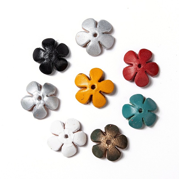 

PandaHall 5-Petal Eco-Friendly Cowhide Bead Cap, Flower, Mixed Color, 18~20x18~20x5~8mm, Hole: 2.5mm Leather Multicolor