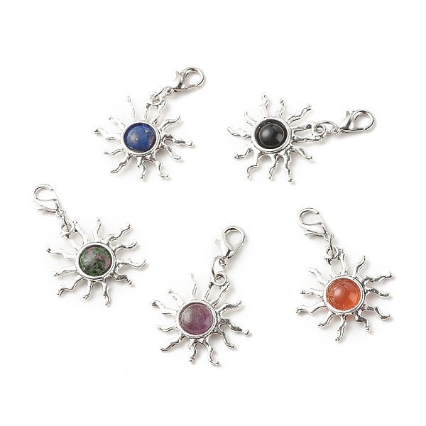 

PandaHall Natural Mixed Stone Pendants Decorations, with Alloy Sun and Zinc Alloy Lobster Claw Clasps, 40mm, Sun: 25x26x4mm Mixed Stone Sun