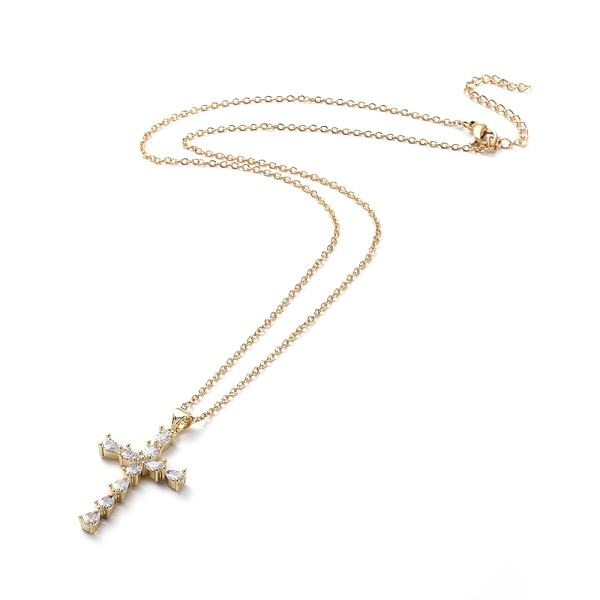 

PandaHall 304 Stainless Steel Chain Necklaces, with Brass Cubic Zirconia Pendants, Cross, Golden, 17.9 inch(45.7cm) Cubic Zirconia Clear