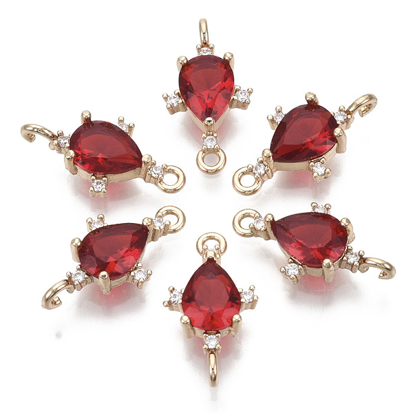 

PandaHall Glass Links connectors, with Brass Micro Pave Cubic Zirconia, Faceted, Teardrop, Light Gold, FireBrick, 18x9.5x4.5mm, Hole: 1.2mm..., Red