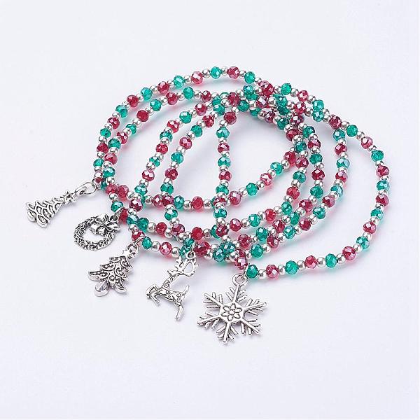 

PandaHall Christmas Themed Charm Bracelets, with Iron, Faceted Glass Beads and Alloy Pendants, Mixed Color, 2-1/4 inch(57mm) Glass..., Multicolor