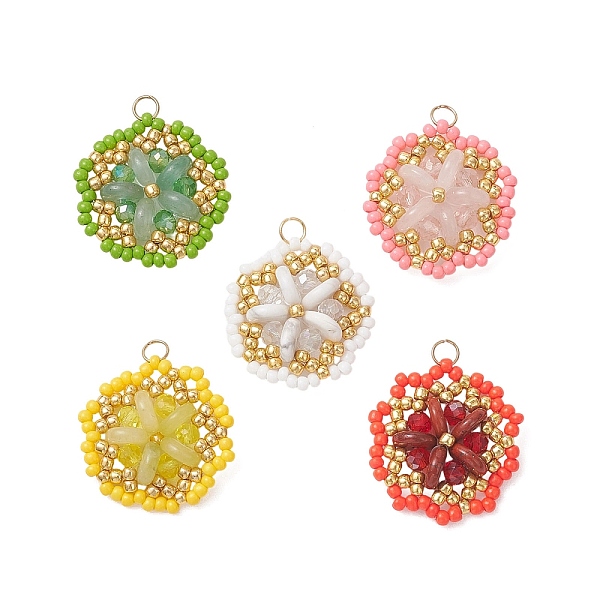 天然宝石とガラスのシードビーズの花のペンダント