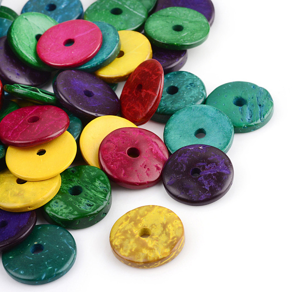 

PandaHall Dyed Natural Wood Beads, Flat Round, Mixed Color, 20x2~5mm, Hole: 3.5mm, about 900pcs/1000g Wood Flat Round Multicolor