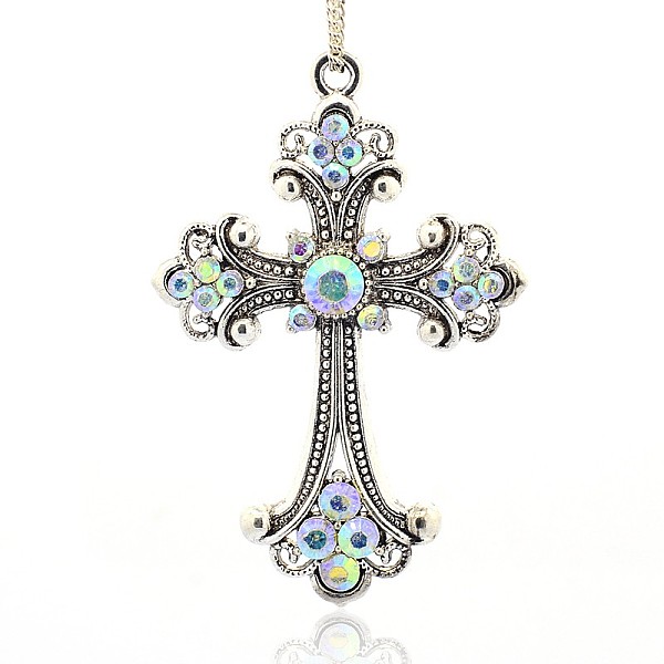 

PandaHall Antique Silver Tone Alloy Rhinestone Cross Big Pendants, Crystal AB, 75x50x6mm, Hole: 3.5mm Alloy+Rhinestone Cross Clear