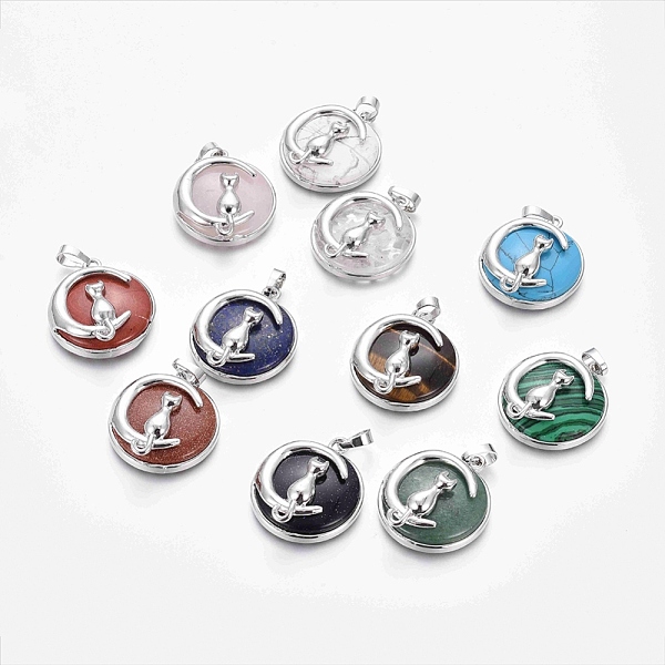 

PandaHall Natural & Synthetic Mixed Stone Kitten Pendants, with Platinum Tone Brass Findings, Flat Round with Cat & Crescent Moon Shape...