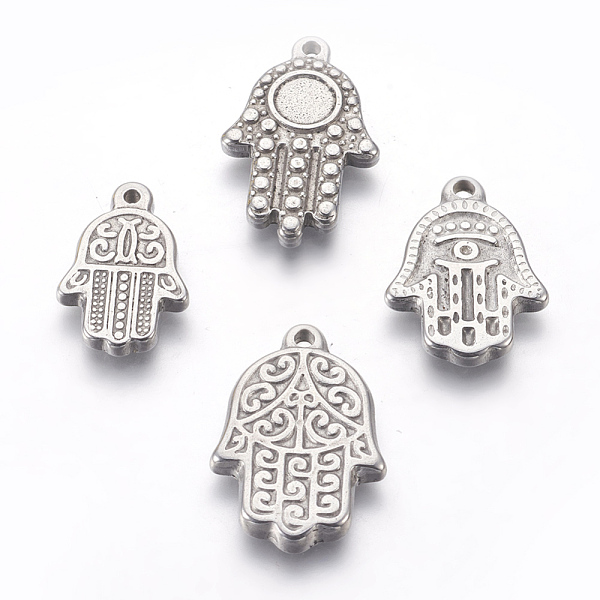 

PandaHall 304 Stainless Steel Pendants, Hamsa Hand/Hand of Fatima/Hand of Miriam, Stainless Steel Color, 19~25x12~16x2.5mm, Hole: 1.2~1.6mm...