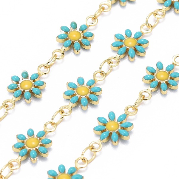 

PandaHall 3.28 Feet Handmade Brass Enamel Link Chains, Soldered, Long-Lasting Plated, Golden, Daisy, Dark Turquoise,12.5x7.5x2mm...