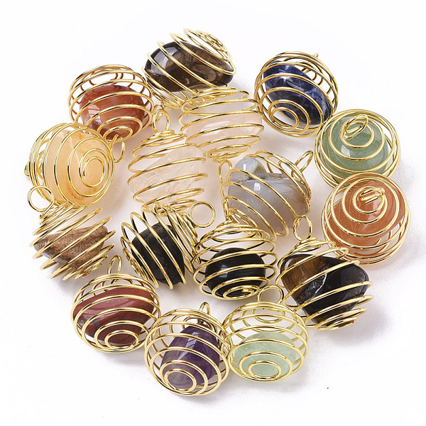 

PandaHall 5Pcs Iron Wrap-around Spiral Bead Cage Pendants, with Mixed Gemstone Beads inside, Round, 21x24~26mm, Hole: 5mm Mixed Stone Round