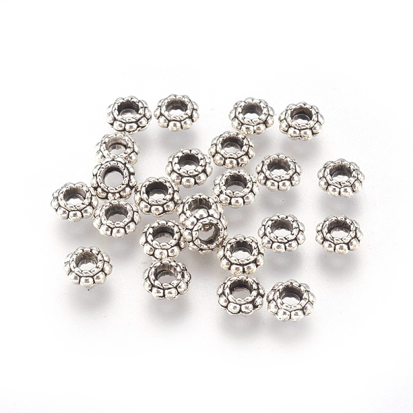 PandaHall Tibetan Style Alloy Spacer Beads, Lead Free & Cadmium Free, Flower, Antique Silver, 6x3mm, Hole: 2.5mm Alloy Flower