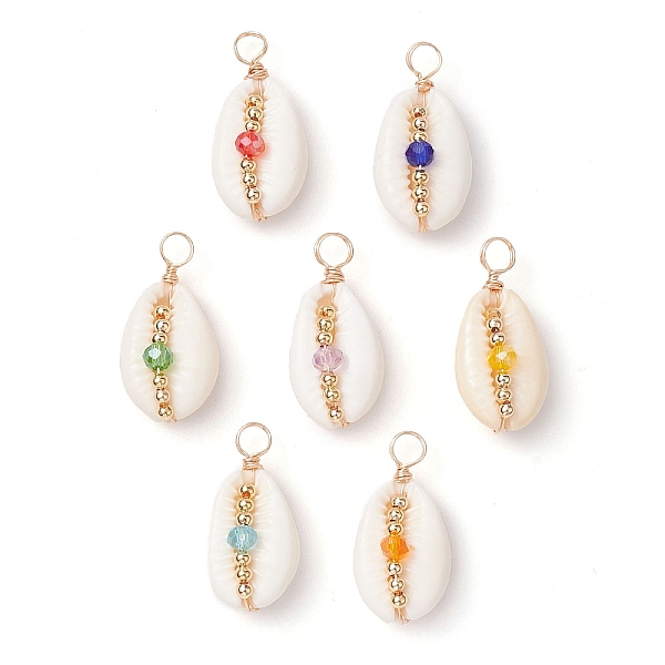 

PandaHall Natural Cowrie Shell Pendants, Faceted Glass & Brass Bead Copper Wire Wrapped Shell Shape Charms, Real 18K Gold Plated, Mixed..., Multicolor