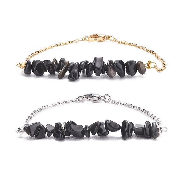 

PandaHall 2Pcs 2 Color Natural Obsidian Chip Beaded Link Bracelets Set with 304 Stainless Steel Cable Chains, Gemstone Jewelry for Women...