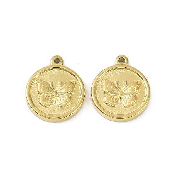 

PandaHall Ion Plating(IP) 304 Stainless Steel Pendants, Flat Round with Butterfly Charm, Real 18K Gold Plated, 18x15x2.5mm, Hole: 1.4mm 304...