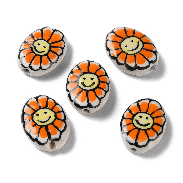 

PandaHall Handmade Porcelain Beads, Famille Rose Porcelain, Oval with Flower, Orange Red, 19x14~16x5~6mm, Hole: 1.2mm Porcelain Oval