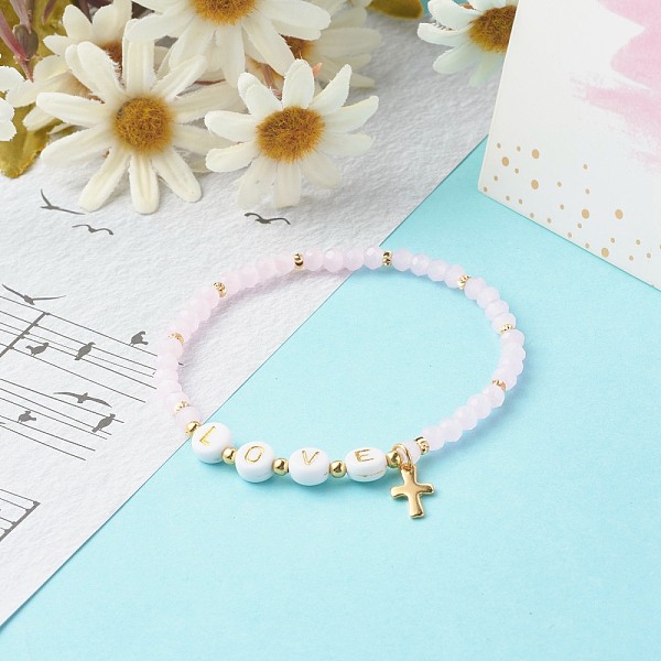 

PandaHall Glass Beads Stretch Bracelets, with Acrylic & Brass Beads, 304 Stainless Steel Cross Charms, Word Love, Pink, Inner Diameter...