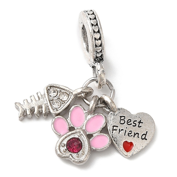

PandaHall Rack Plating Alloy Crystal Rhinestone European Dangle Charms, Large Hole Heart & Fish Bone & Paw Print Pendants with Enamel..., Clear