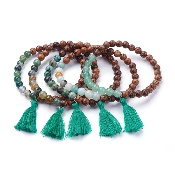 

PandaHall Natural African Turquoise(Jasper) Stretch Charm Bracelets, with Indian Agate and Tassels, 2-3/8 inch(59mm), 5Strand/set Indian...